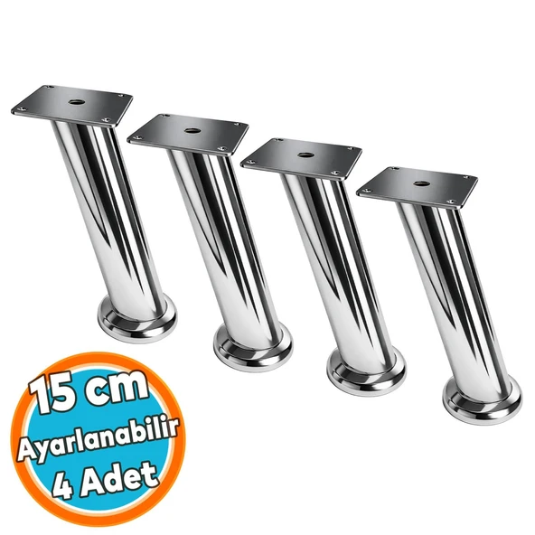 (15 CM) Tablalı Dereceli Ayarlanabilir Krom Metal Baza TV Ünitesi Koltuk Mobilya Ayağı (+2CM) 4 Adet ürün görseli 1
