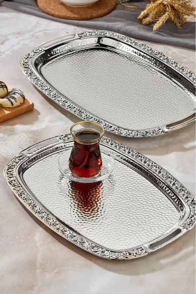 Cooker 2'li Metal Oval Gümüş Sunum Tepsisi 43x30 cm ve 36x26 cm CKR3566 ürün görseli 1