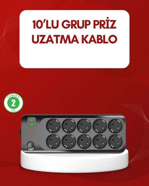 Usb Type-c Destekli 10’lu Grup Priz Termal Korumalı 2m Kablo 2500w ürün görseli 1