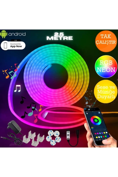 neeko Telefon Kontrollü Rgb Neon Led Şerit Işık – Esnek , Sınırsız Renk, Duvar Aparatlı 2.5 Metre ürün görseli 1