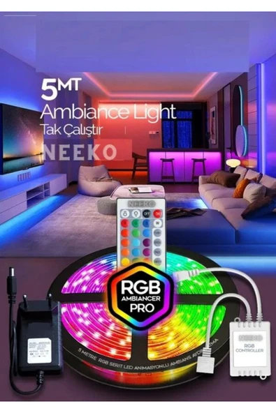 neeko 5mt Şerit Animasyonlu Tak Çalıştır Kumandalı Trafolu Rgb Şerit Işık Aydınlatma Parti Led ürün görseli 1