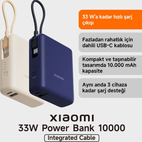 Xiaomi 33W Powerbank 10000Mah Yüksek Hızlı Dahili Kablo Kompakt Tasarım (Xiaomi Türkiye Garantili) ürün görseli 1