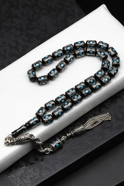 Gümüş İşlemeli Erzurum Oltu Tesbih 7 x 10 mm. Kapsül Kesim - T-1622 ürün görseli 1