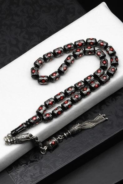 Gümüş İşlemeli Erzurum Oltu Tesbih 7 x 10 mm. Kapsül Kesim ürün görseli 1