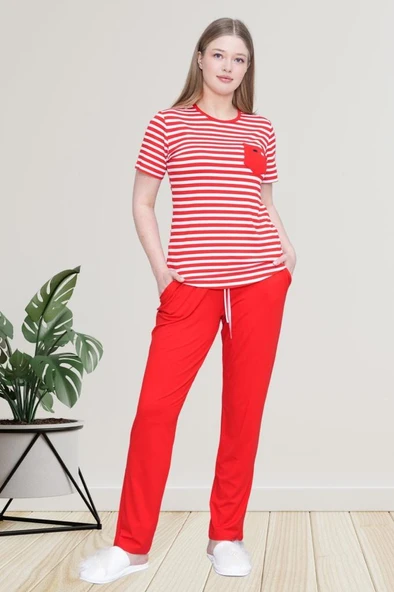 Mecit 6202 Kırmızı Çizgili Büyük Beden Kadın Pijama Takımı ürün görseli 1