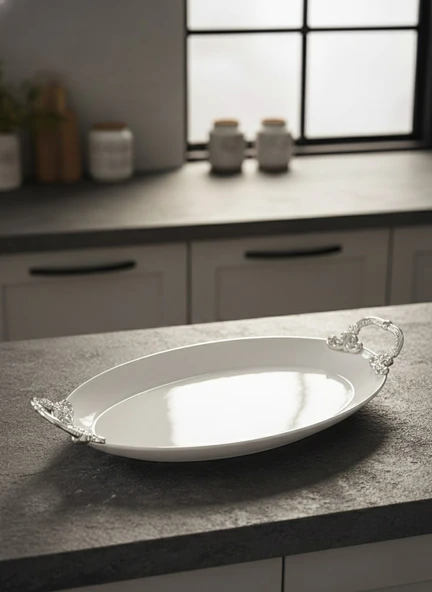 Efegil Bold Gümüş Yaldızlı 30x22cm Porselen Kulplu Kayık Sunumluk ürün görseli 1