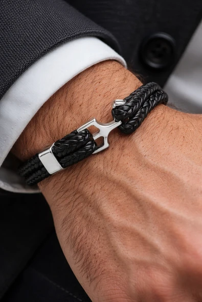 Shadow Knot – Hakiki Deri Örgü Çelik Detay Erkek Bileklik50-677 ürün görseli 1