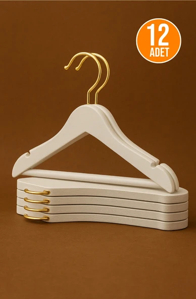 12 Adet - Ahşap Görünümlü Plastik A Kalite Bebek Ve Çocuk Elbise Askısı Tshirt Pantolon Askı BEYAZ-GOLD ürün görseli 1