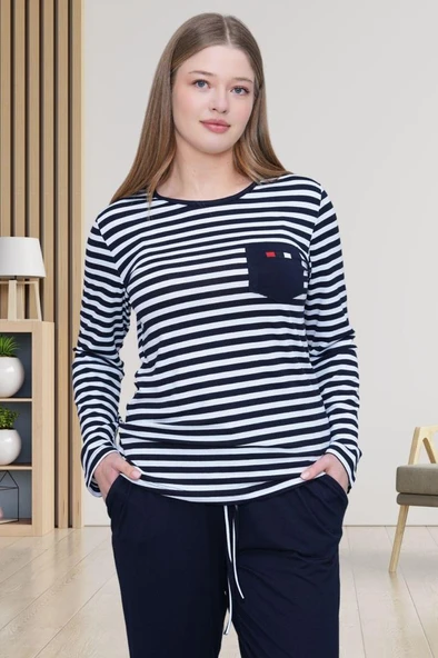 Mecit 6201 Lacivert Çizgili Büyük Beden Kadın Pijama Takımı ürün görseli 1