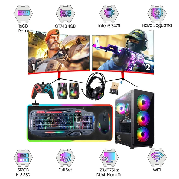 Turbox Tx3814 i5 3470 16GB Ram 512GB M.2 NVMe SSD 4GB GT740 GDDR5 23.6 75Hz Curved Çift Monitör Oem Paket ürün görseli 1