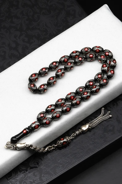 Gümüş İşlemeli Erzurum Oltu Tesbih 7 x 10 mm. Beyzi Kesim - T-1625 ürün görseli 1