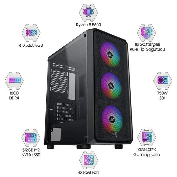 AMD Ryzen 5 5600 - Gigabyte RTX 5060 - A520M - 16GB RAM - 512GB M.2 NVMe SSD OEM Paket ürün görseli 1