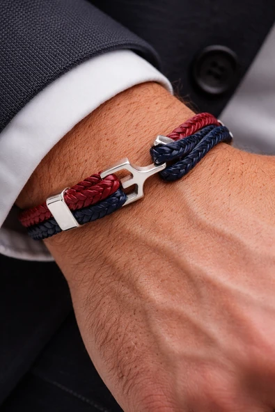 Crimson Navy Knot – Hakiki Deri Örgü Çelik Detay Erkek Bileklik-50-672 ürün görseli 1