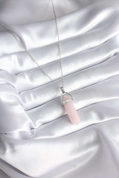 Gümüş Renk Pembe Taşlı Kadın Kolye (316L Çelik) ürün görseli 1