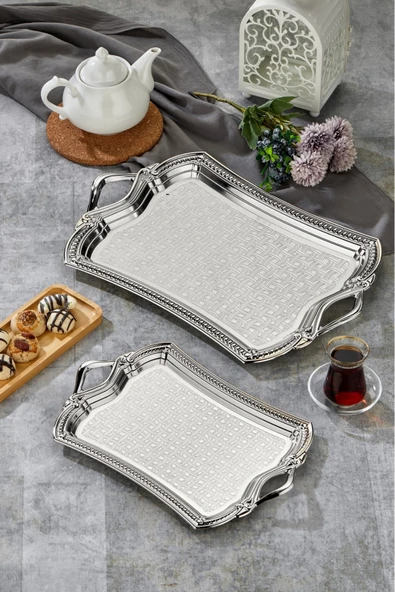 Cooker 2'li Evenia Metal Dikdörtgen Gümüş Sunum Tepsisi 49x30 cm ve 37x23 cm CKR3568 ürün görseli 1