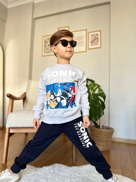 Yeni Sezon Sonic Desenli Gri Renk Erkek Çocuk Eşofman Takım ürün görseli 1