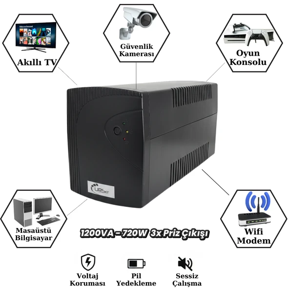 UPSET Microactive 1200VA / 720W UPS Kesintisiz Güç Kaynağı | 3 Prizli | 2x12V 7Ah Akülü ürün görseli 1