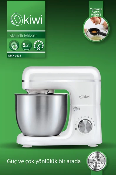 Kiwi Kmx-3638 Hamur Yoğurma & Stand Mikser 5,3 Lt 1300w 8 Hız Kademeli Mutfak Şefi Beyaz ürün görseli 1
