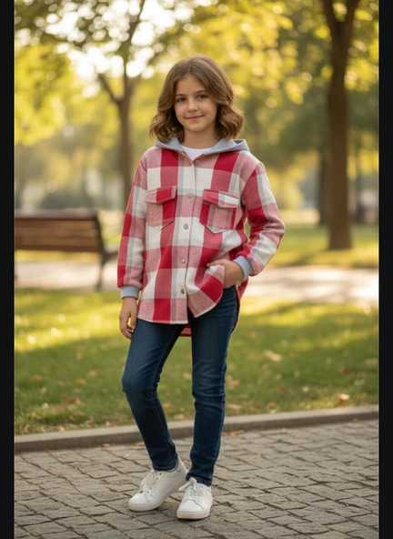 GALA kolu lastikli kapüşonlu ekoseli unisex çocuk gömlek ürün görseli 1