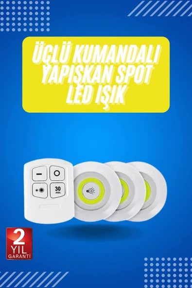 Yapışkanlı 3'lü Spot Led Işık Lamba Montajsız Pilli Uzaktan Kumandalı ürün görseli 1
