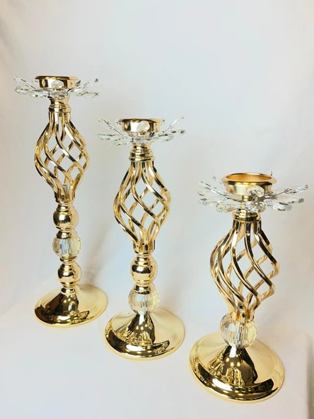 ÜÇLÜ DEKORATİF GOLD ŞAMDAN SETİ - Resim 2