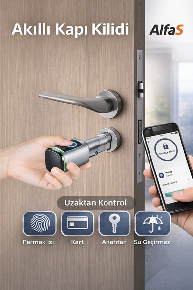 Parmak İzli Anahtarlı Kartlı ve Uzaktan Kontrollü Pvc Ahşap Aliminyüm Uyumlu Akıllı Kapı Kilidi Gümüş ürün görseli 1