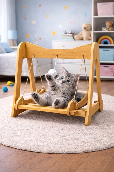 Ahşap Kedi Salıncağı & Oyun Platformu  Ponponlu, Doğal Ahşap Oyuncak ürün görseli 1