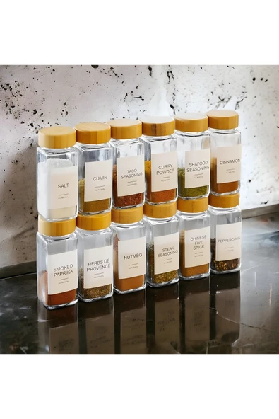 Bonjour 12'li Baharat Kavanozu Bambu Kapaklı Kavanoz Serpme Başlıklı Baharatlık Türkçe Etiketli ürün görseli 1