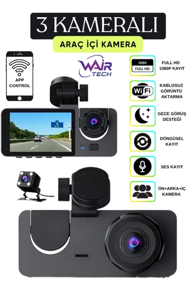 Wair Teknoloji 1080p Araç içi 3 Kameralı Lcd Ekranlı Gece Görüşlü WİFİ G-sensör Geri Görüş Kamera ürün görseli 1