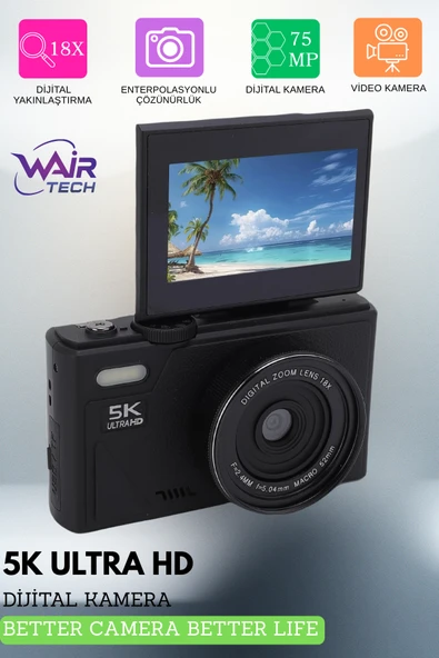 Wair Teknoloji 5K Ultra HD Vlog Kamera – 75MP, WiFi, 18x Zoom, Türkçe Menü ürün görseli 1