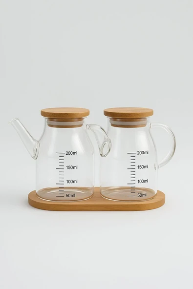 Bonjour Gift & Hobby Mini Yağdanlık ve Sosluk Seti, Bambu Stantlı ve Vakumlu Bambu Kapaklı, 2'li 200 Ml Salata Seti ürün görseli 1