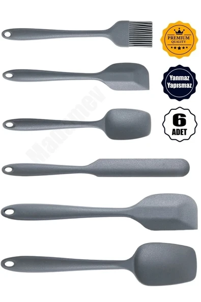 Bonjour Gift & Hobby 6lı Silikon Fırça Spatula Servis Takımı Yanmaz Yapışmaz Fırçası Kaşık Bıçak Spatula Seti Gri ürün görseli 1