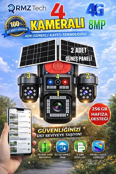 Avenir S445 4 Kameralı 8mp E Sim 4g Sim Kartlı Ptz Kamera  Gece Renkli Görüş + Insan Takibi ürün görseli 1