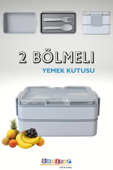 Bonjour Gift & Hobby 2 Bölmeli Dikdörtgen Taşınabilir Yemek Kabı Lunch Box Diyet Beslenme Kutusu Saklama Kabı ürün görseli 1
