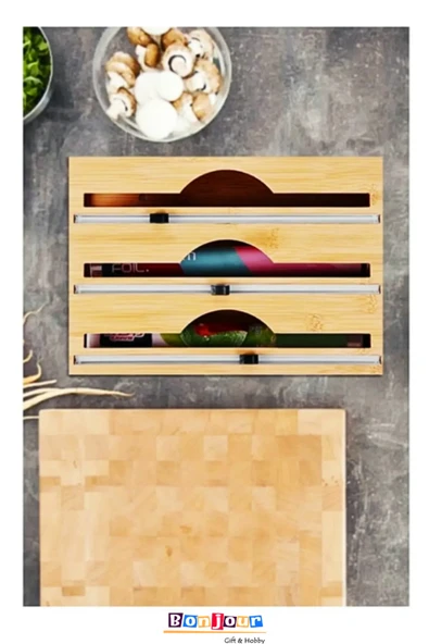 Bonjour Gift & Hobby 3 Gözlü Bambu Folyo ve Streç Tutucu / Kesici / Organizer / Doğal / Bambu ürün görseli 1