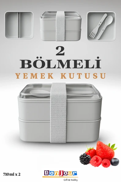 Bonjour Gift & Hobby 2 Bölmeli Kare Taşınabilir Yemek Kabı Lunch Box Diyet Beslenme Kutusu Saklama Kabı Çatal Kaşık ürün görseli 1