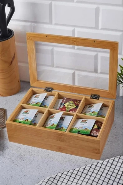 Fatmazel Bambu 6 Bölmeli Çay Kutusu I Çay Kahve Bitki Çayı Saklama Kutusu 24x16x7cm ürün görseli 1