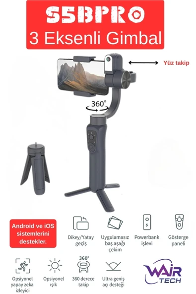 Wair Teknoloji Şarjlı 3 Eksenli Gimbal Sabitleyici Uygulama Joystik Kontrollü 360° Yüz Takip Zoom Ayarlı Gımbal ürün görseli 1