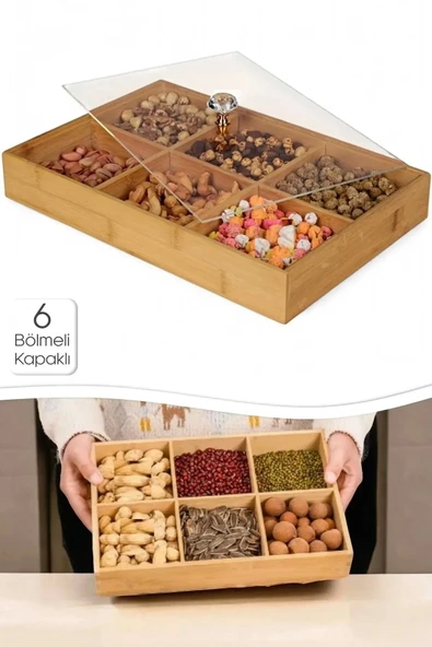 EMR SHOP 6 Bölmeli Mutfak Organizer Bambu Çerezlik Şeffaf Akrilik Kapaklı Kahvaltı Sunumluk Saklama Kutusu ürün görseli 1