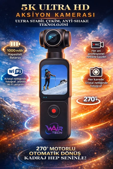 Wair Teknoloji 5K Ultra HD Döner Başlıklı Mini Aksiyon Kamera 16MP Geniş Açı WiFi 270° Dönebilen Lens Time-Lapse ürün görseli 1