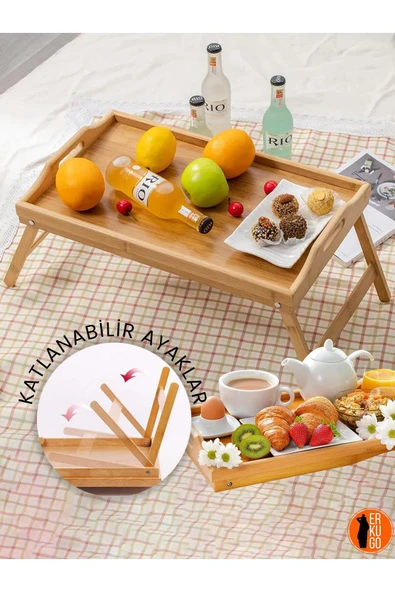ERKUGO Katlanır Ayaklı Bambu Yatak Keyif Tepsisi (50cm*30cm), Portatif Tepsi ürün görseli 1