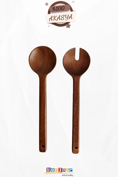 Bonjour Gift & Hobby 2’li Natural Akasya Salata Kaşığı Seti, Dayanıklı Ahşap, Şık Sunum ürün görseli 1