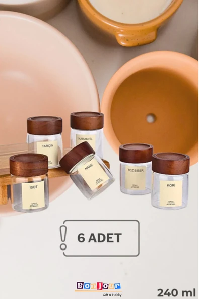 Bonjour Gift & Hobby 6'lı Baharatlık Seti Akasya Kapaklı Yuvarlak Cam Kavanoz 240ML (16 Adet Etiket) ürün görseli 1