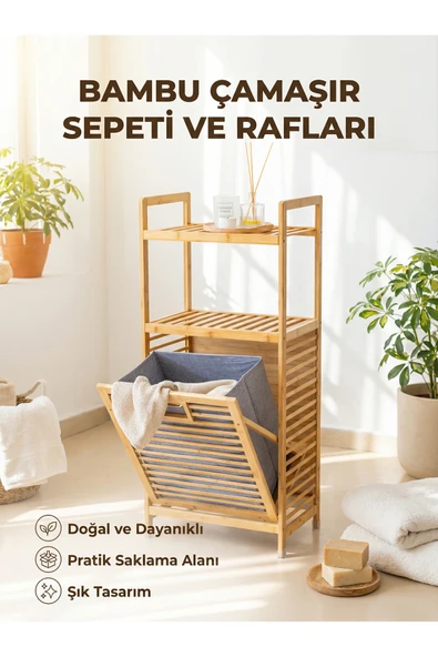 ERKUGO Bambu 2 Raflı Kirli Sepeti,  Çok Amaçlı Banyo Düzenleyici, Çamaşır Sepeti Organizer, Raf ürün görseli 1