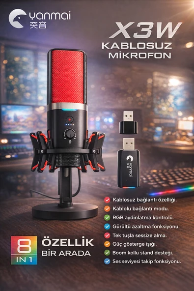 Wair Teknoloji Yanmai X3W Gaming Masaüstü Mikrofon Kablosuz ve Kablolu Kullanım Canlı Yayın ve Oyun için ürün görseli 1