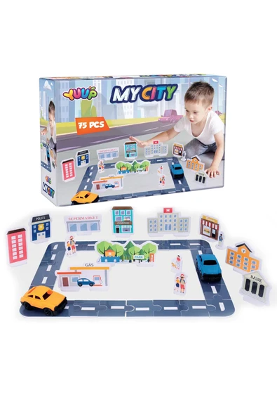 Toyaş Eğitici Otoyol ve Şehir Binaları Eva Puzzle Oyun Seti 71 Parça 2 Araç Dahil ürün görseli 1