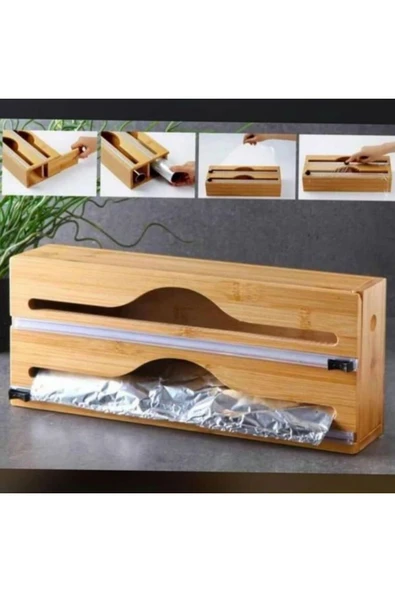 MİEN Bambu 2 Bölmeli Streç Ve Alüminyum Folyo Kesici Organizer Düzenleyici Ölçüleri 34*14*7 Cm ürün görseli 1