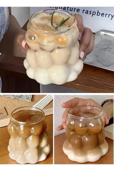Mercan 3 Adet Isıya Dayanıklı Borosilikat Cam Boncuk Bardak-boncuklu Üzümlü Kahve Sunum Bardağı - 350 ml ürün görseli 1