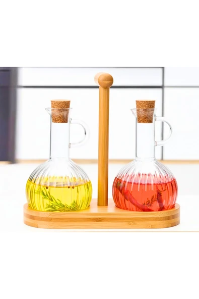 MİEN 2'li Borosilikat Yağdanlık Seti - Şeffaf / Kahverengi Bambu - 300 ml ürün görseli 1