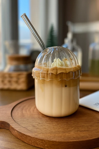 ERKUGO Cam Kapaklı Pipetli Borosilikat Sunum Bardağı, Isıya Dayanıklı Bardak, Kahve Bardağı (450 ml) Mocha ürün görseli 1
